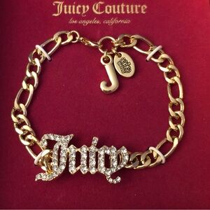 Juicy Couture Gothic Plaque Juicy Logo Script Chain Bracelet Crystal Accents NIB